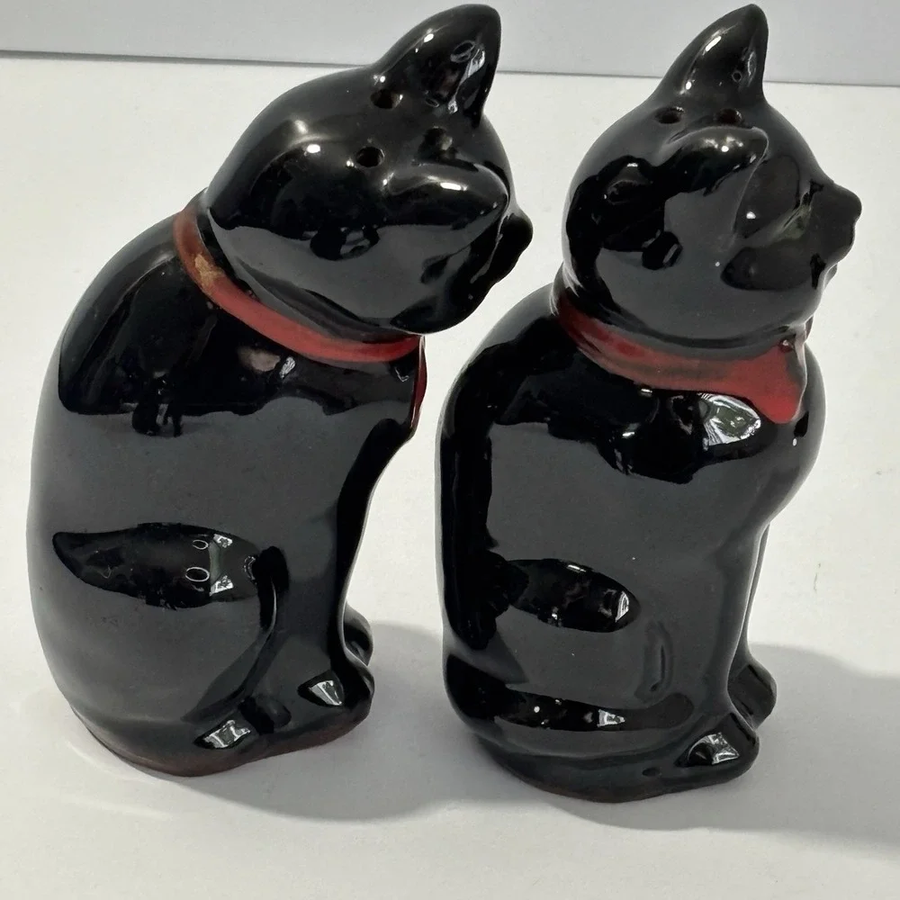 Vintage Shafford Black Cat Salt Pepper Shakers Set Redware Green Eyes Japan